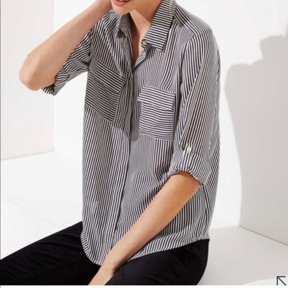 LOFT grey and white striped blouse